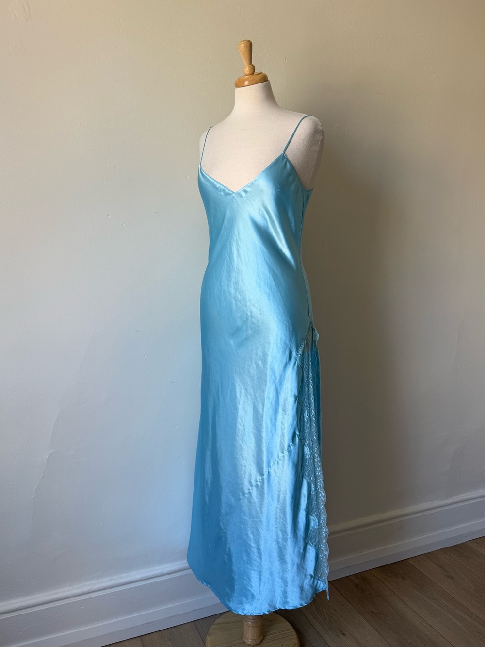 La Senza Blue Satin Slip Dress Y2K Lace Trim Maxi Nightgown Size M
